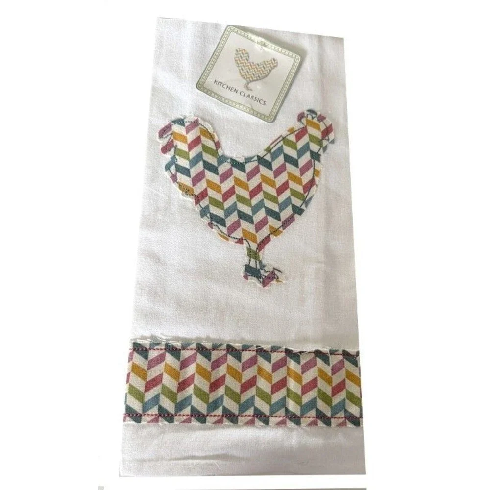 Kitchen Dish Towel White Chicken Rooster Flour Sack Applique Zig Zag Bardwil